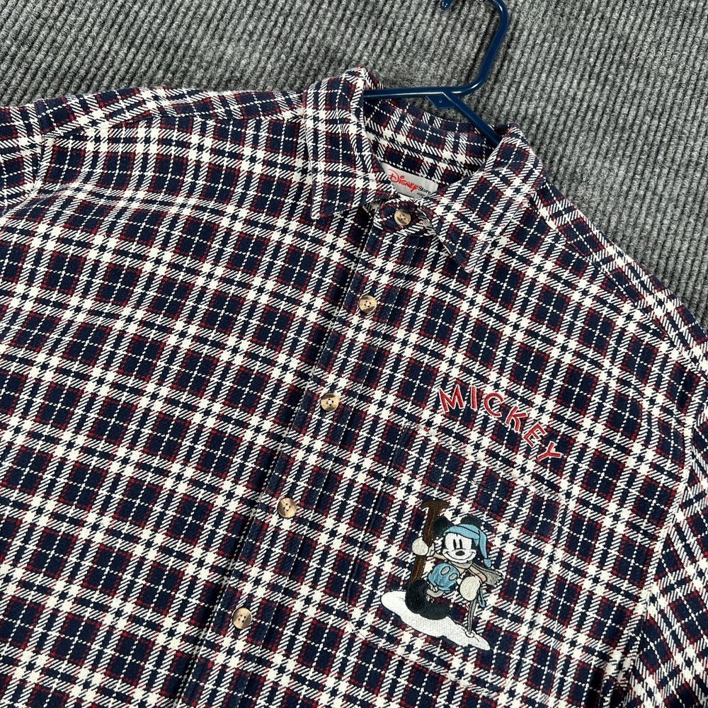 Disney Ski Lodge Shirt Mens Medium Blue Plaid Long Sleeve Button Up Mickey Mouse